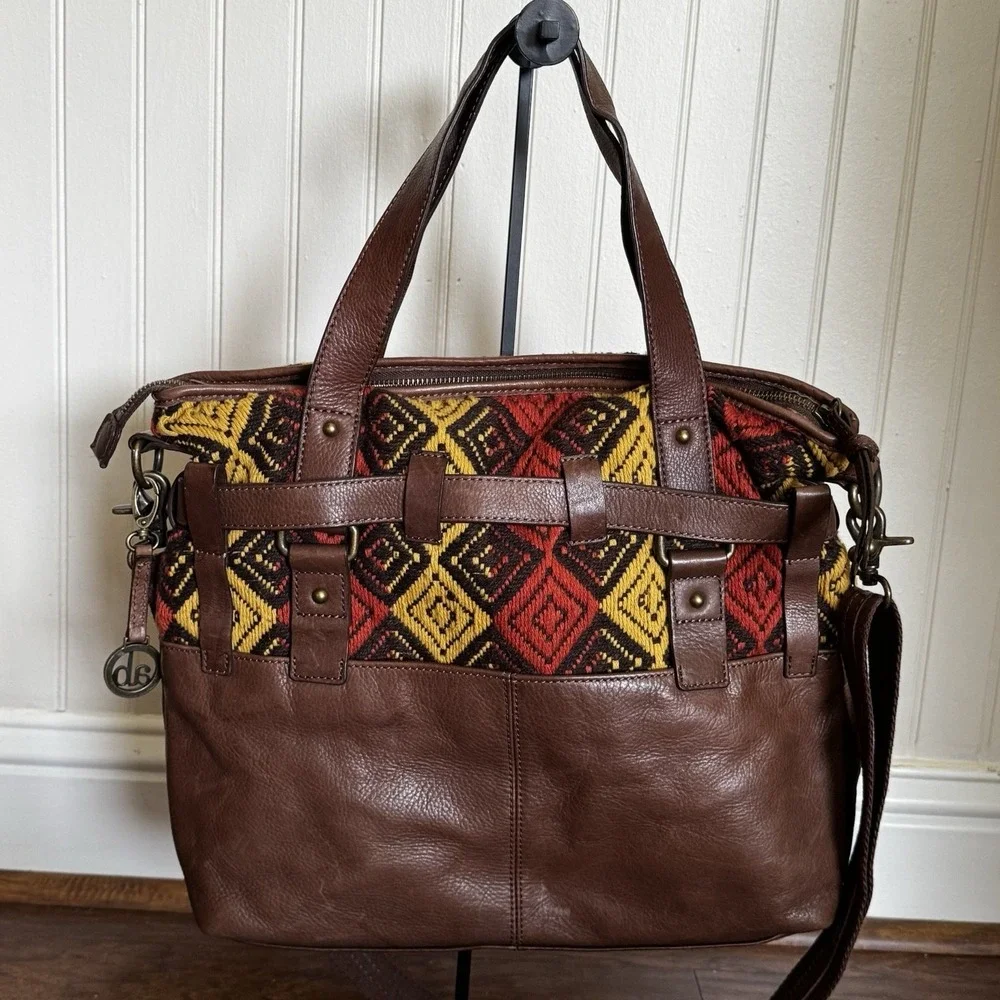 Audrey Brooke Leather Woven Bag Shoulder Bag Crossbody Brown Red Yellow‎ Tribal